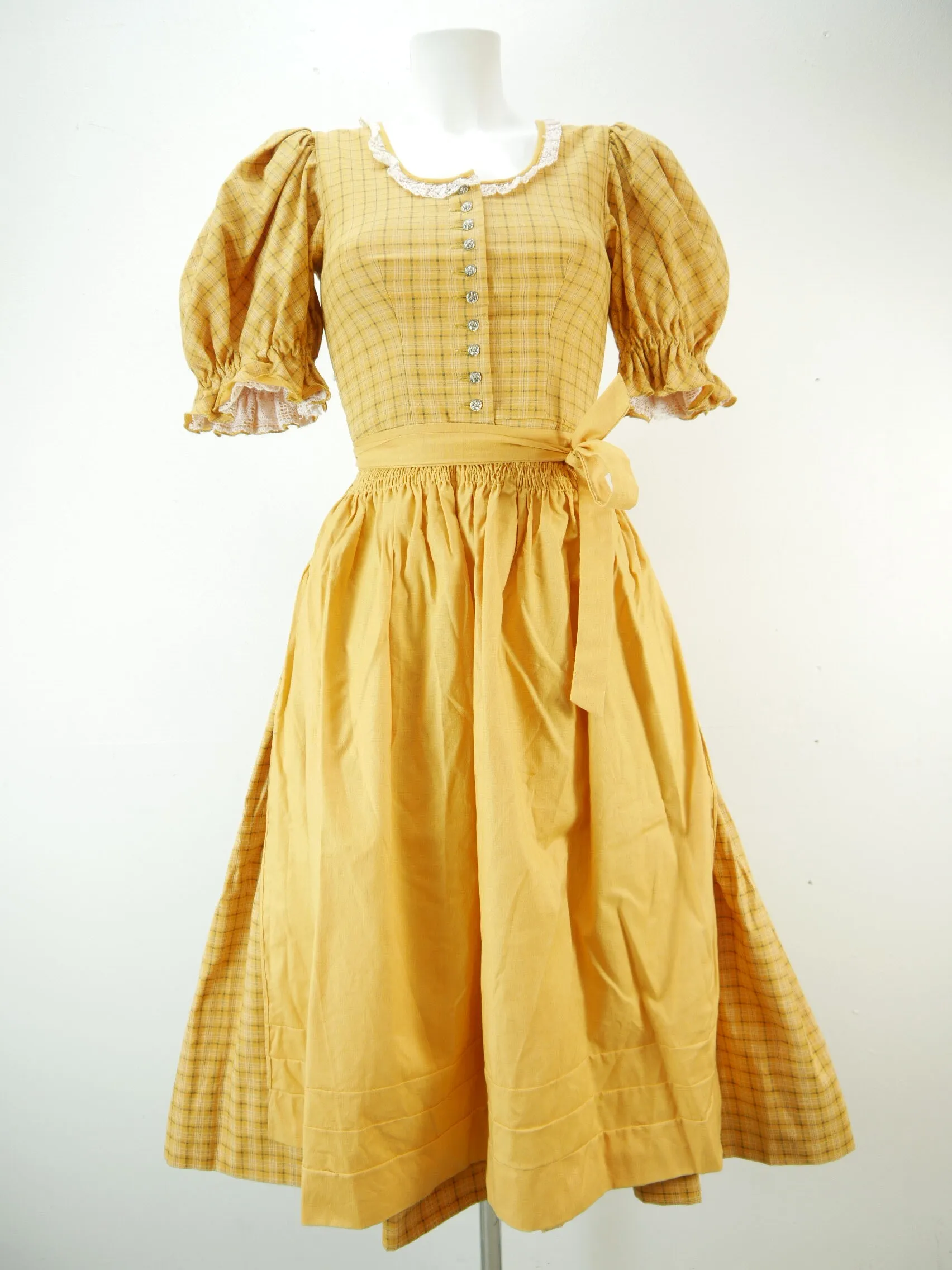 Wunderschön gelb kariert Baumwolle mit Spitze hammer Dirndl mit Schürze Gr.34