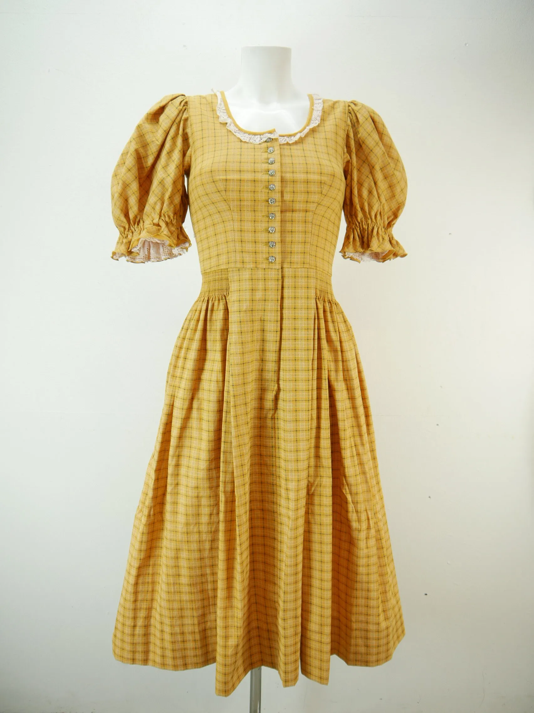 Wunderschön gelb kariert Baumwolle mit Spitze hammer Dirndl mit Schürze Gr.34